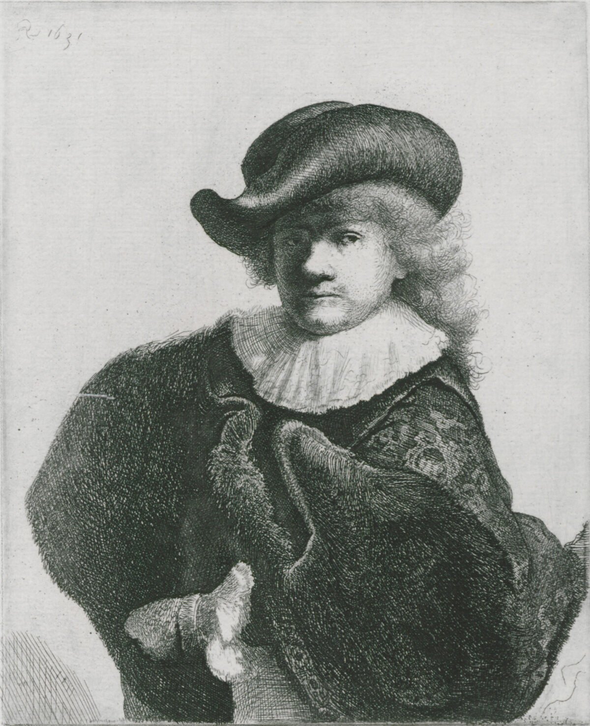 <span class="numbwork">0007</span > <span class="bullwork">•</span > Rembrandt con sombrero redondo y capa bordada