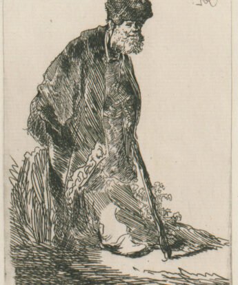 <span class="numbwork">0131</span > <span class="bullwork">•</span > Hombre con un abrigo y gorro de piel apoyado contra un banco