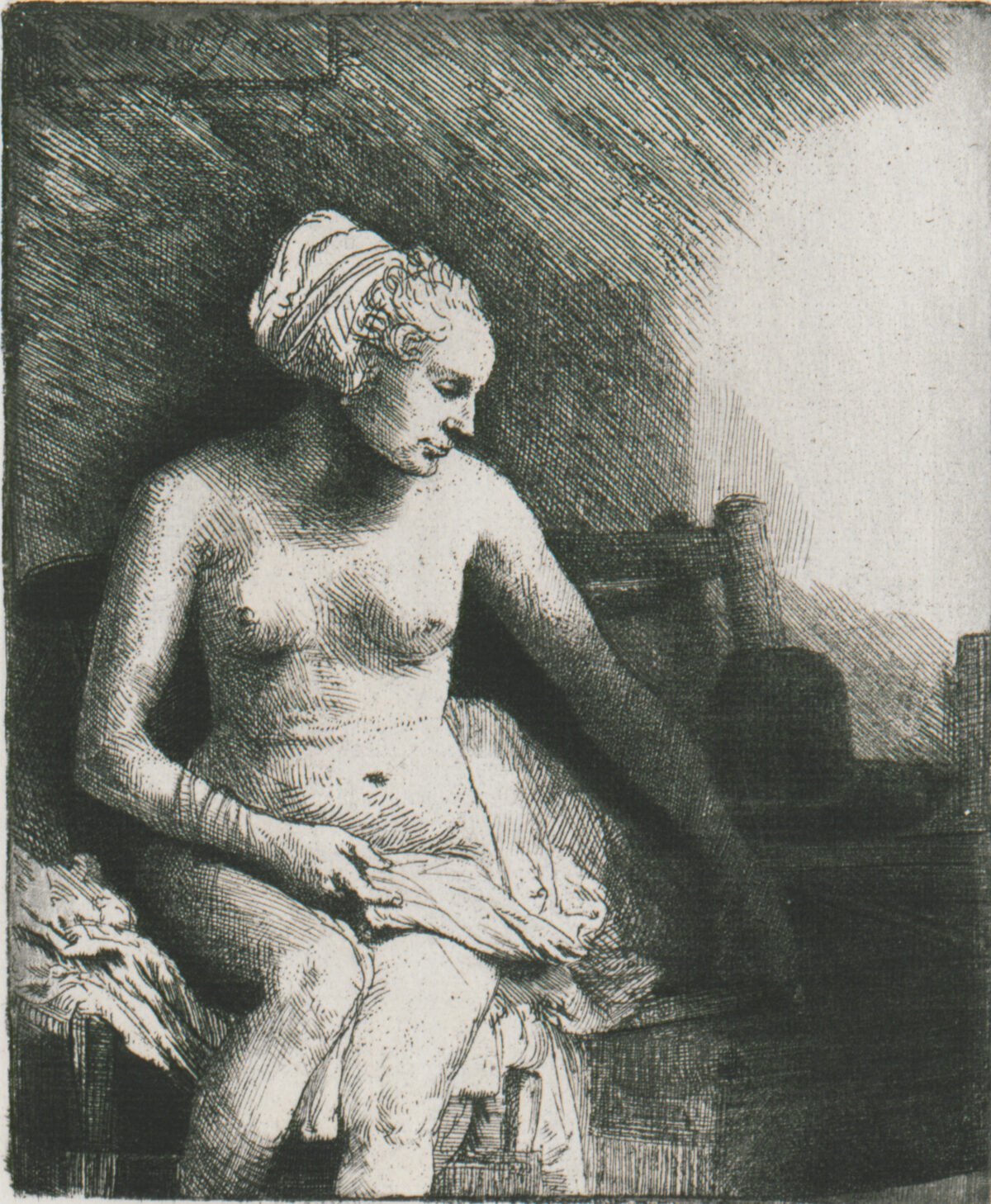 <span class="numbwork">0173</span > <span class="bullwork">•</span >  Mujer en el baño con un sombrero a su lado