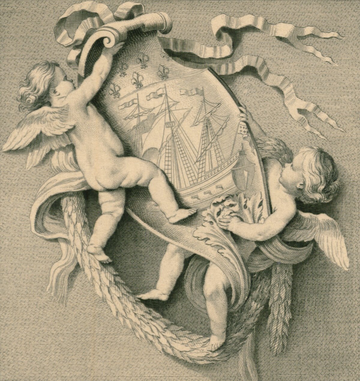<span class="numbwork">1024</span > <span class="bullwork">•</span > El escudo de armas de la ciudad de París sostenido por dos genio alados