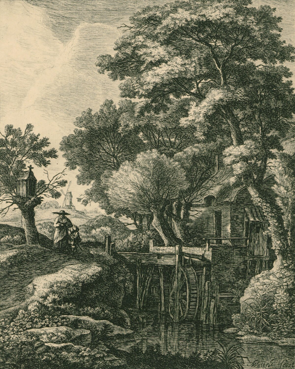 <span class="numbwork">1036</span > <span class="bullwork">•</span > Paisaje con un molino y un arroyo rodeado de árboles altos