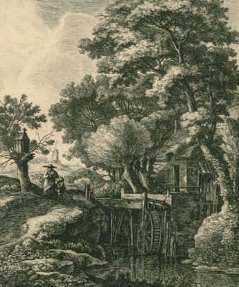 <span class="numbwork">1036</span > <span class="bullwork">•</span > Paisaje con un molino y un arroyo rodeado de árboles altos
