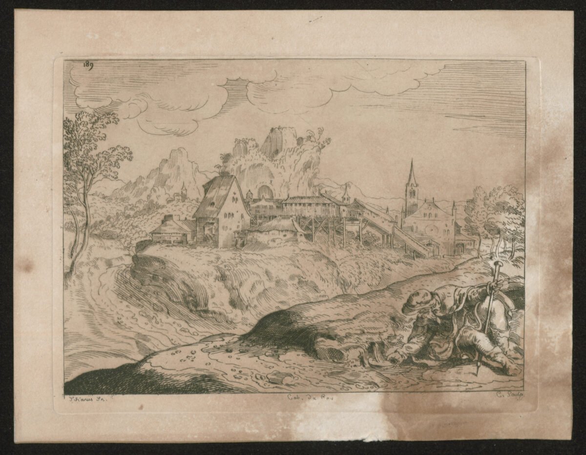 <span class="numbwork">1040</span > <span class="bullwork">•</span > Paisaje con un pueblo de fondo y un pastor recogiendo agua de la orilla del río - Image 2