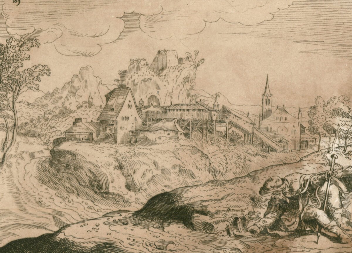 <span class="numbwork">1040</span > <span class="bullwork">•</span > Paisaje con un pueblo de fondo y un pastor recogiendo agua de la orilla del río