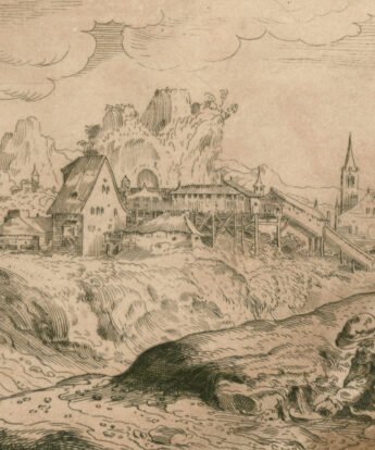 <span class="numbwork">1040</span > <span class="bullwork">•</span > Paisaje con un pueblo de fondo y un pastor recogiendo agua de la orilla del río