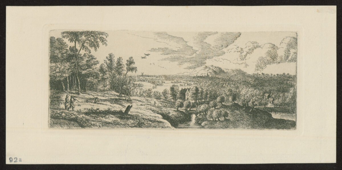 <span class="numbwork">1191</span > <span class="bullwork">•</span > Paisaje con varios hombres cargando palos y un río con un pequeño puente - Image 2