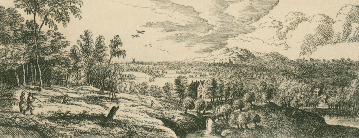 <span class="numbwork">1191</span > <span class="bullwork">•</span > Paisaje con varios hombres cargando palos y un río con un pequeño puente