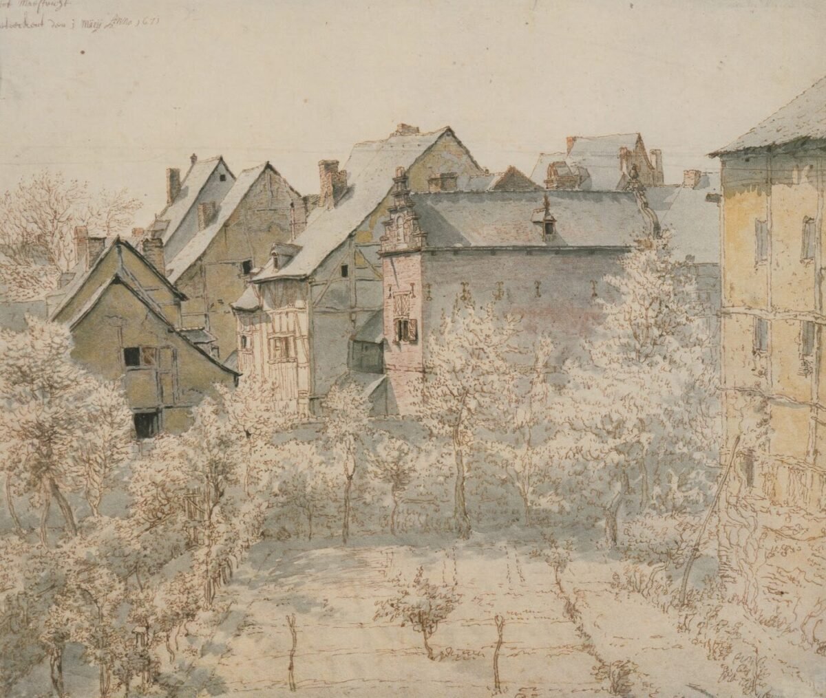 <span class="numbwork">1208</span > <span class="bullwork">•</span > Vista de la parte trasera de casas y patios en Maastricht (Países Bajos)