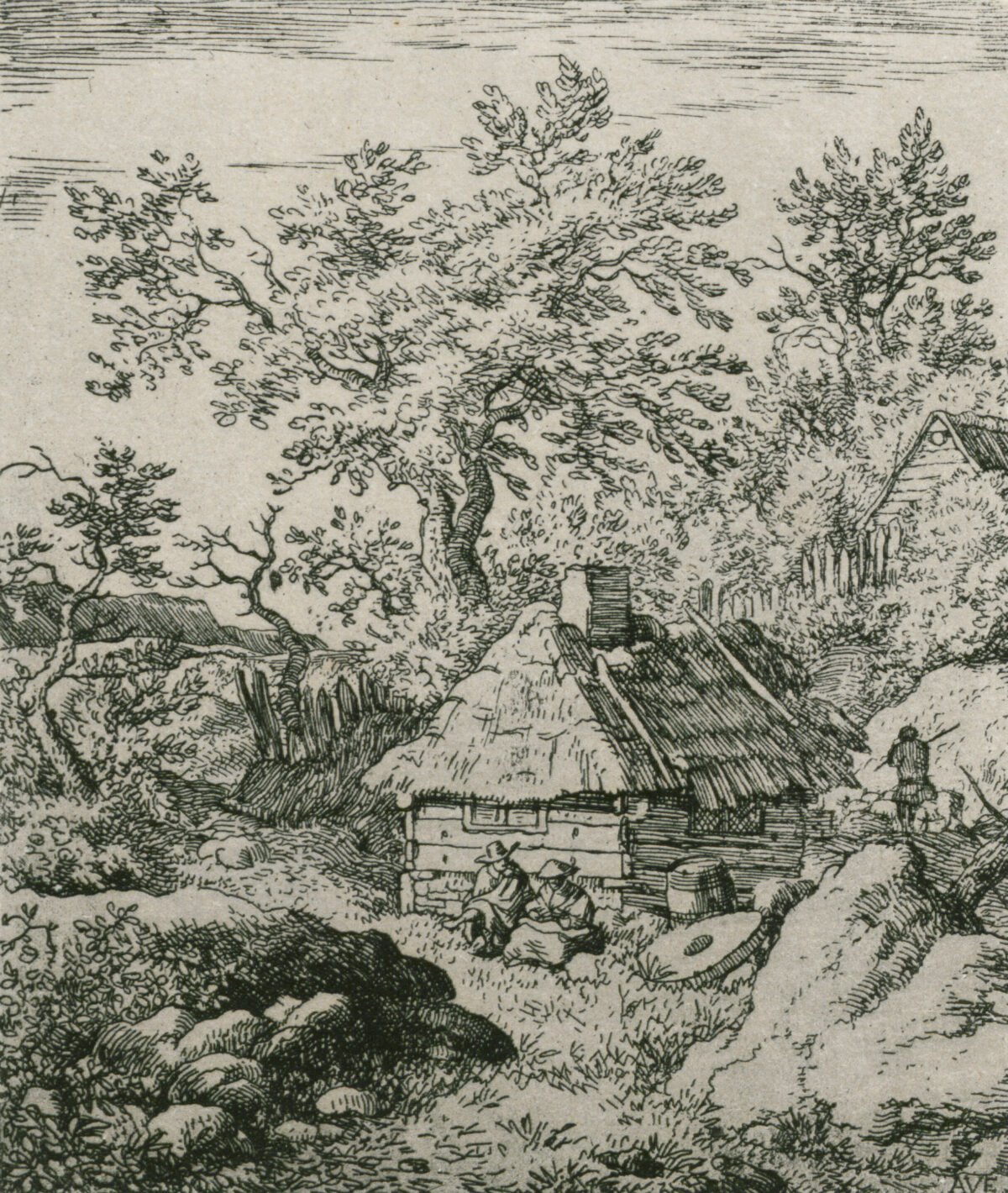 <span class="numbwork">1200</span > <span class="bullwork">•</span > Cabaña con techo de paja entre árboles y rocas