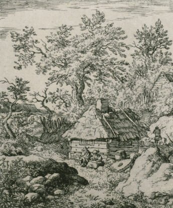<span class="numbwork">1200</span > <span class="bullwork">•</span > Cabaña con techo de paja entre árboles y rocas