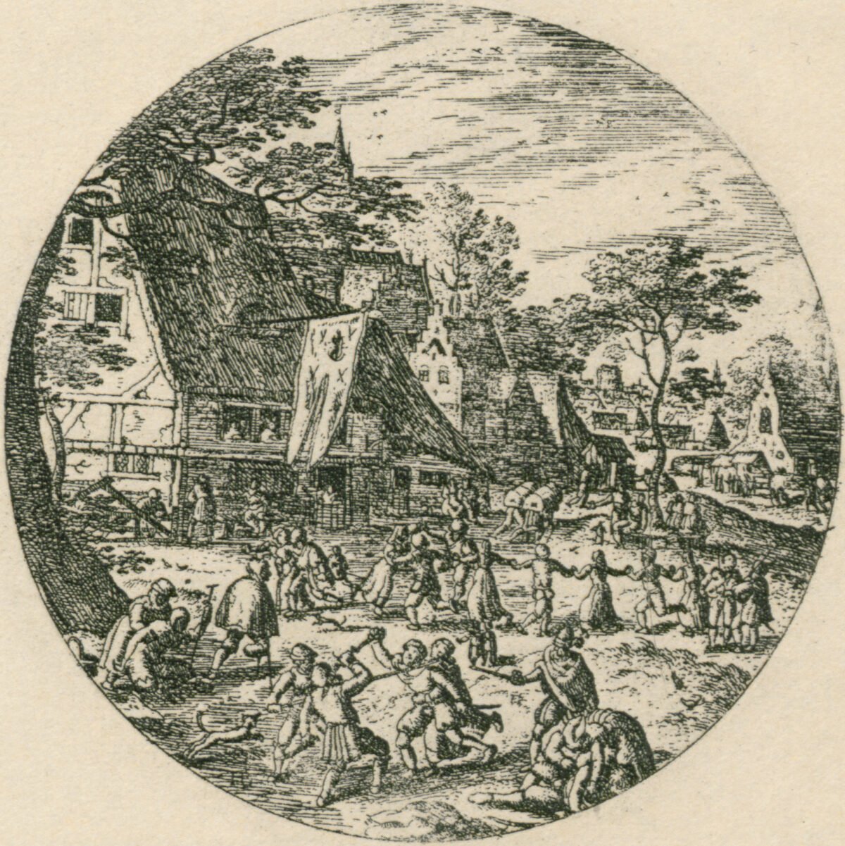 <span class="numbwork">1210</span > <span class="bullwork">•</span > Baile de campesinos en una plaza frente a una granja