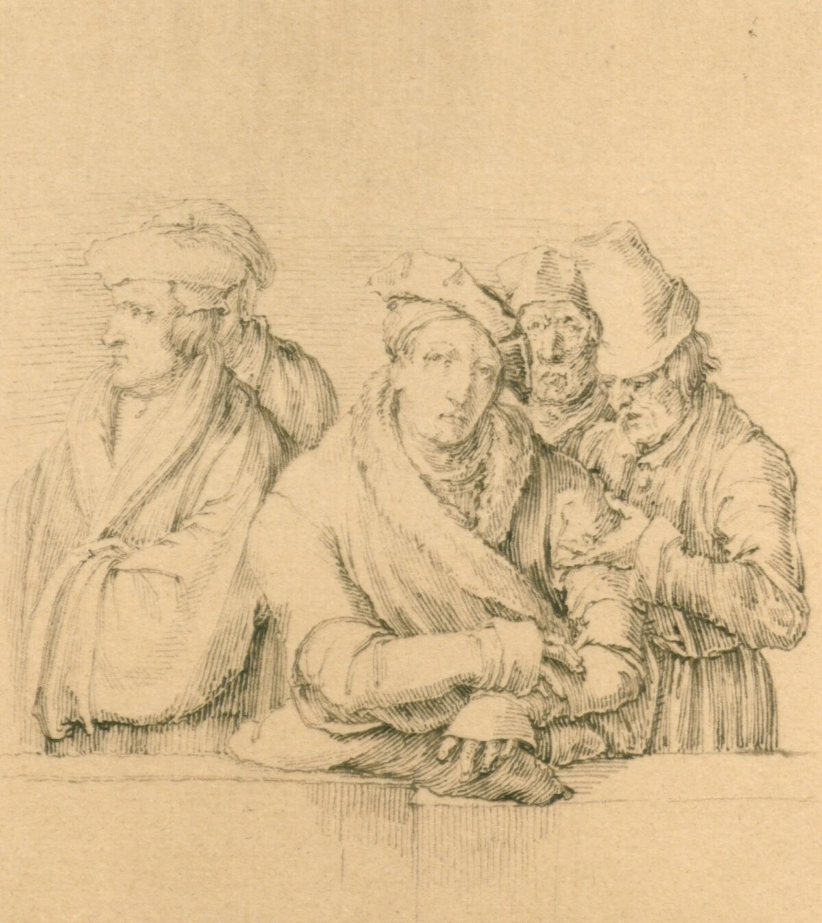 <span class="numbwork">1240</span > <span class="bullwork">•</span > Dibujo de una mujer y cuatro hombres con sombrero