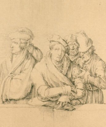<span class="numbwork">1240</span > <span class="bullwork">•</span > Dibujo de una mujer y cuatro hombres con sombrero
