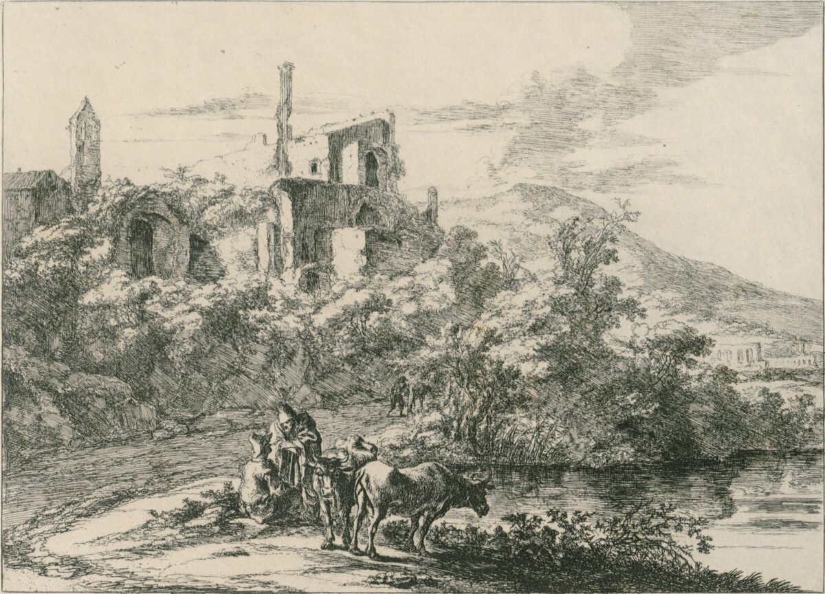 <span class="numbwork">1254</span > <span class="bullwork">•</span > Vista de Tivoli con dos vaqueros y ruinas de la Villa de Adriano al fondo