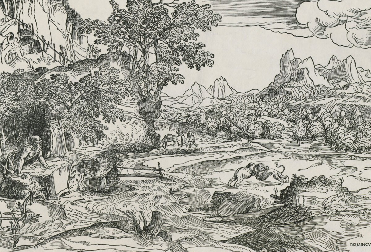<span class="numbwork">1503</span > <span class="bullwork">•</span > Paisaje con San Jerónimo  mirando hacia el león y el oso peleando
