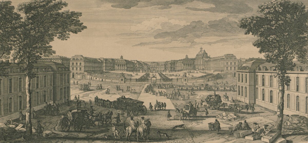 <span class="numbwork">1535</span > <span class="bullwork">•</span > Vista del Palacio de Versalles desde la avenida que pasa entre los establos