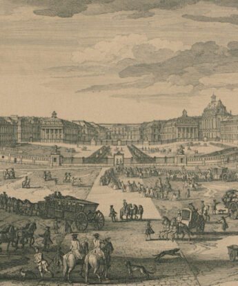 <span class="numbwork">1535</span > <span class="bullwork">•</span > Vista del Palacio de Versalles desde la avenida que pasa entre los establos