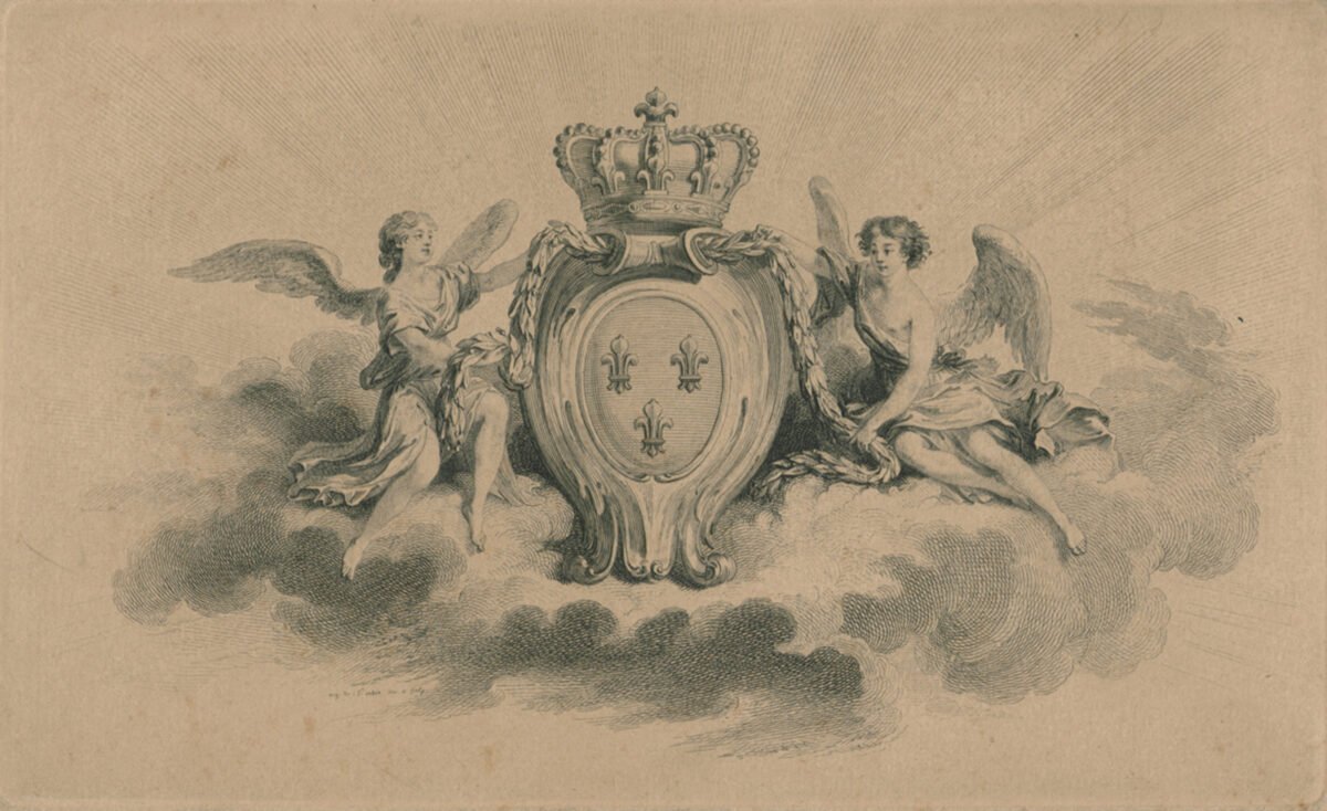 <span class="numbwork">1560</span > <span class="bullwork">•</span > Escudo real de Francia con flores de lis flanqueadas por ángeles