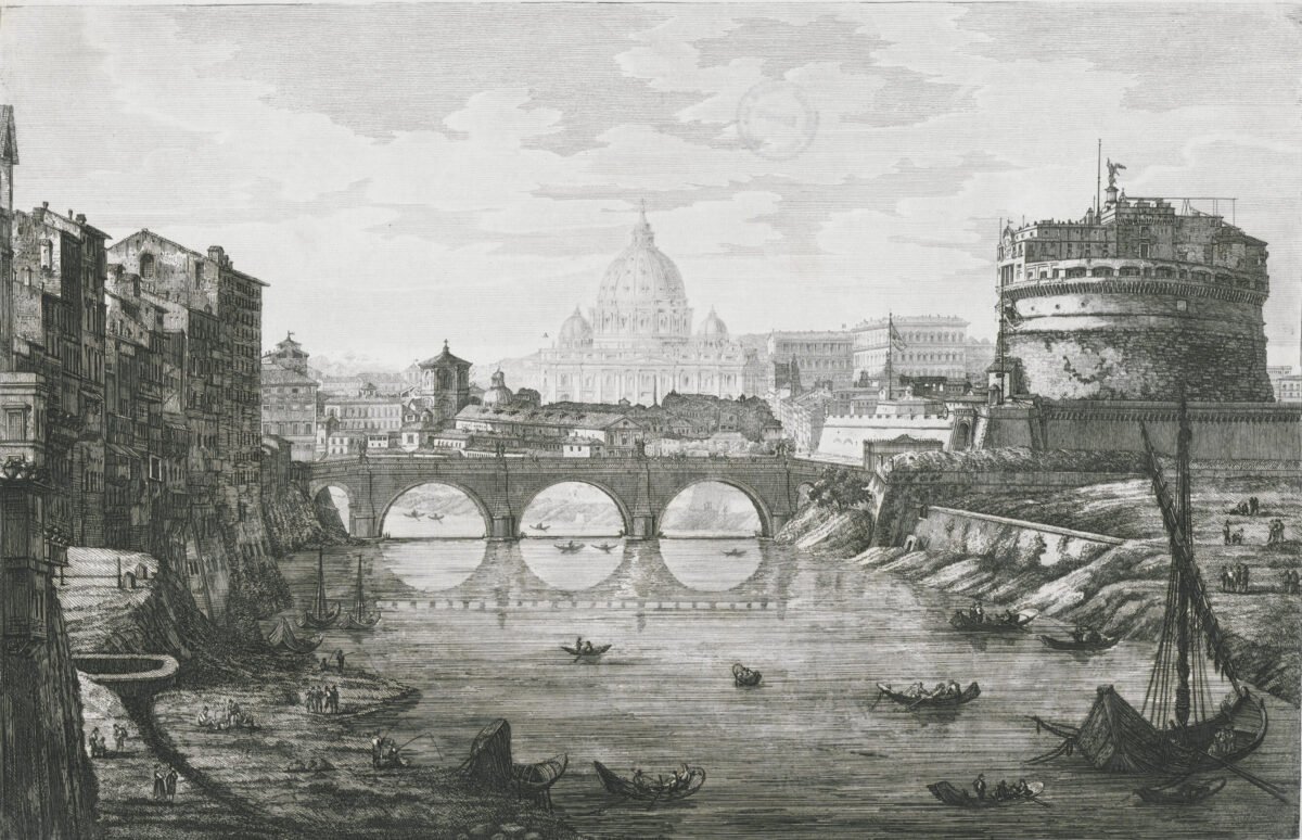 <span class="numbwork">1596</span > <span class="bullwork">•</span > Vista del puente y el castillo de Sant'Angelo