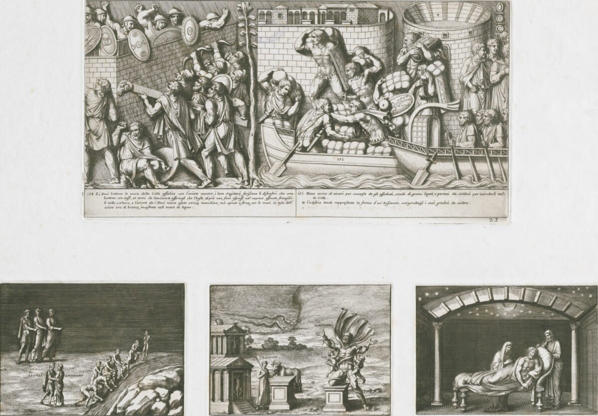 <span class="numbwork">1599</span > <span class="bullwork">•</span > Dacios sitiando una fortaleza romana y romanos trayendo provisiones - Eneas - Laocoonte -  Eneas