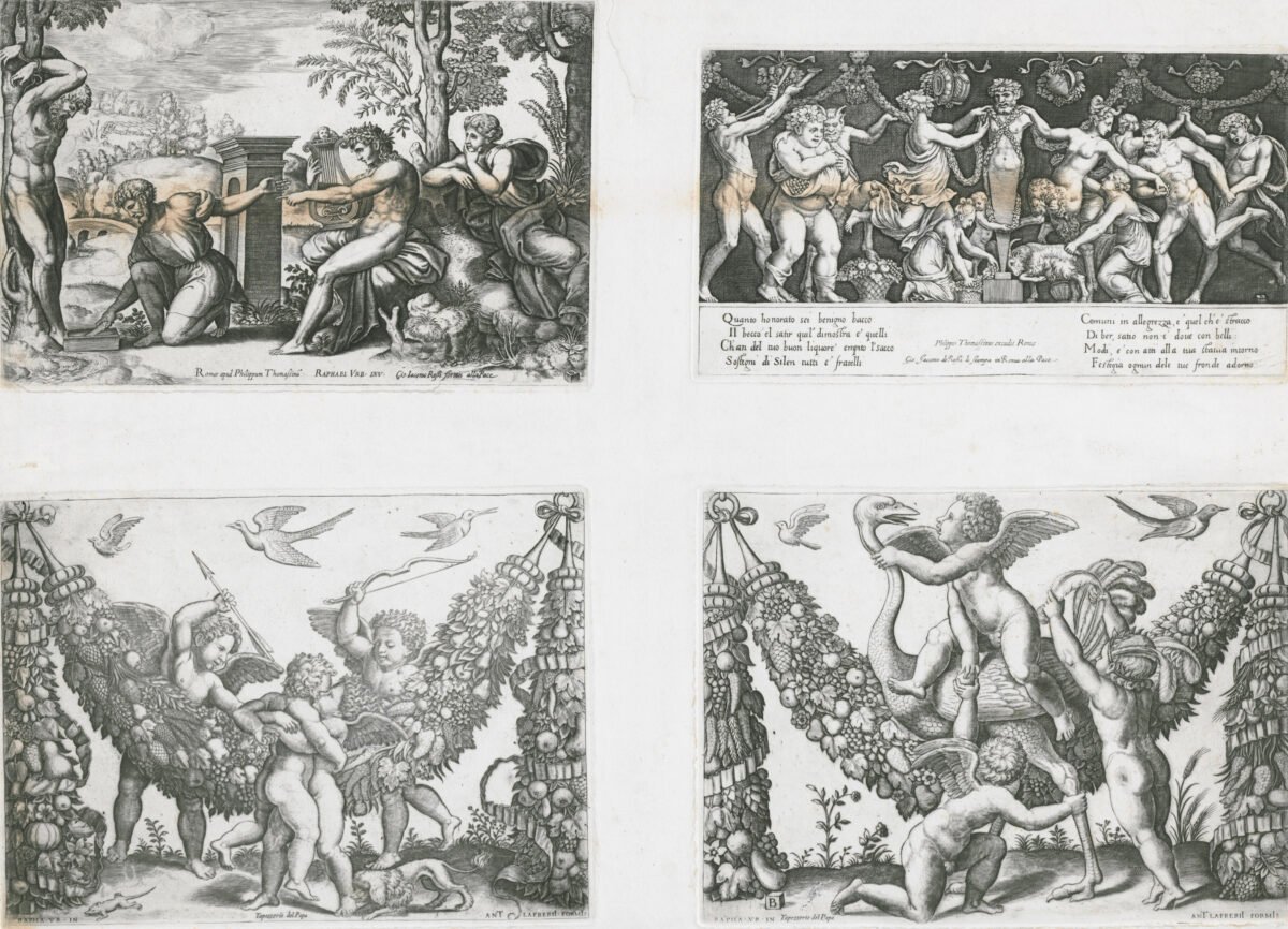 <span class="numbwork">1603</span > <span class="bullwork">•</span > Sacrificio a Príapo - Apolo y Marsias - Cuatro cupidos - Tres cupidos jugando con un avestruz