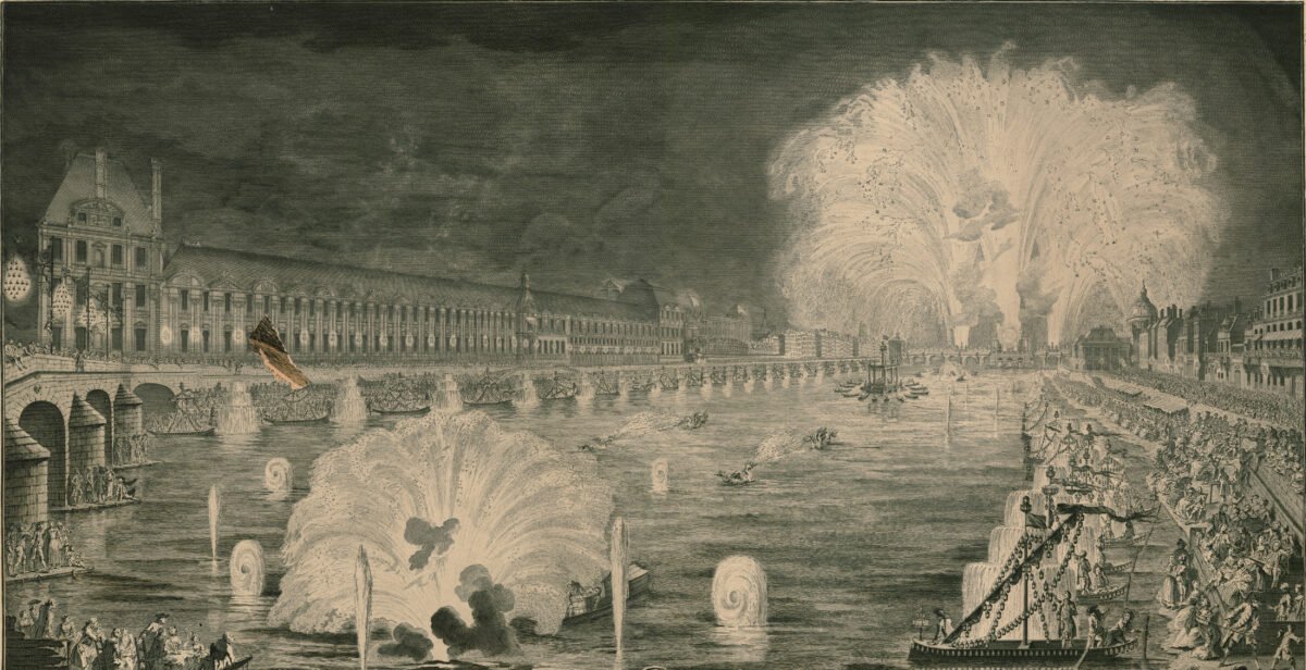 <span class="numbwork">1627</span > <span class="bullwork">•</span > Vista del Sena, iluminada por los fuegos artificiales  con motivo del matrimonio de Luisa Isabel de Francia con Felipe de España