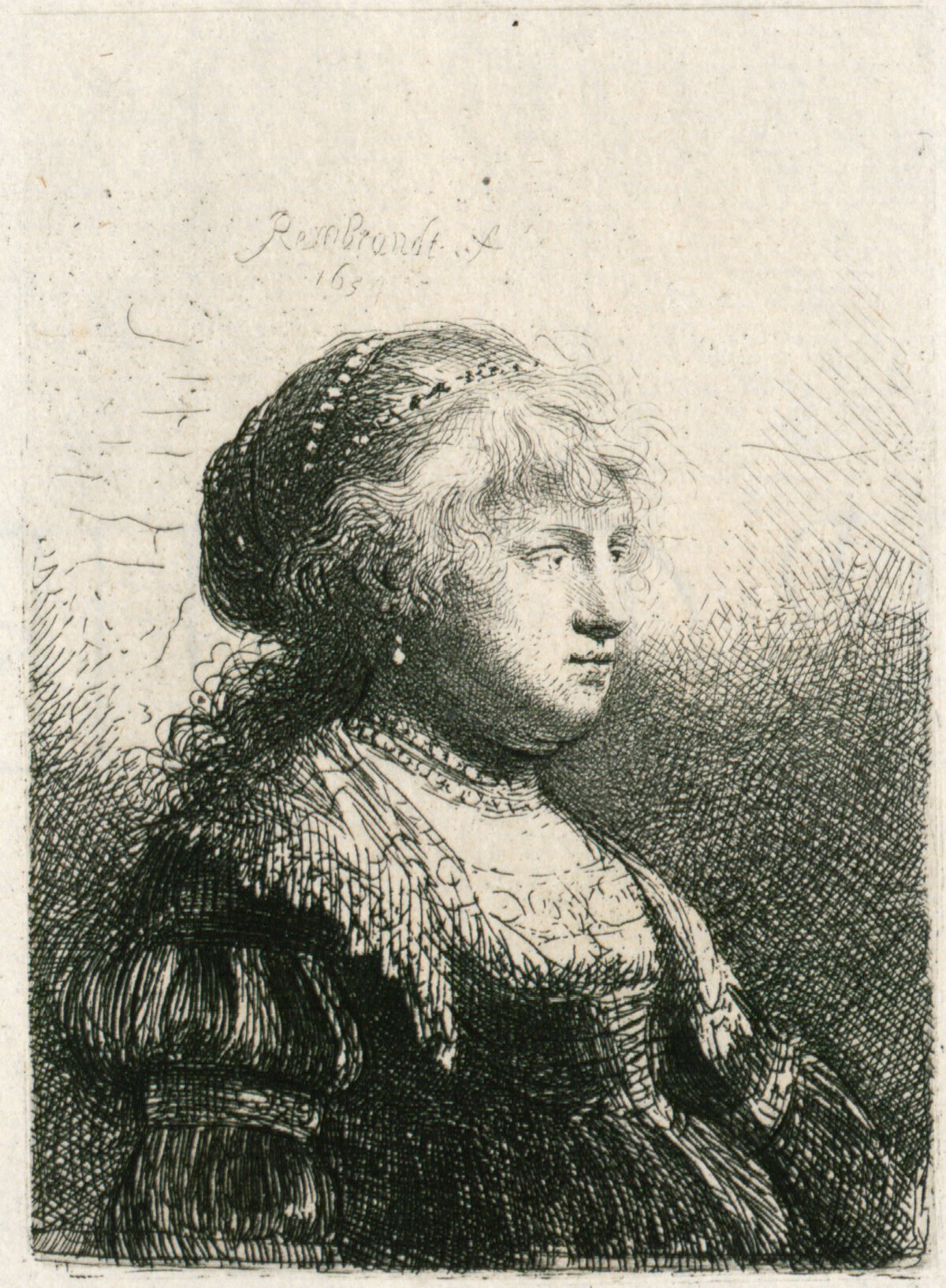 <span class="numbwork">0282</span > <span class="bullwork">•</span > Retrato de Saskia con perlas en el cabello (esposa de Rembrandt)