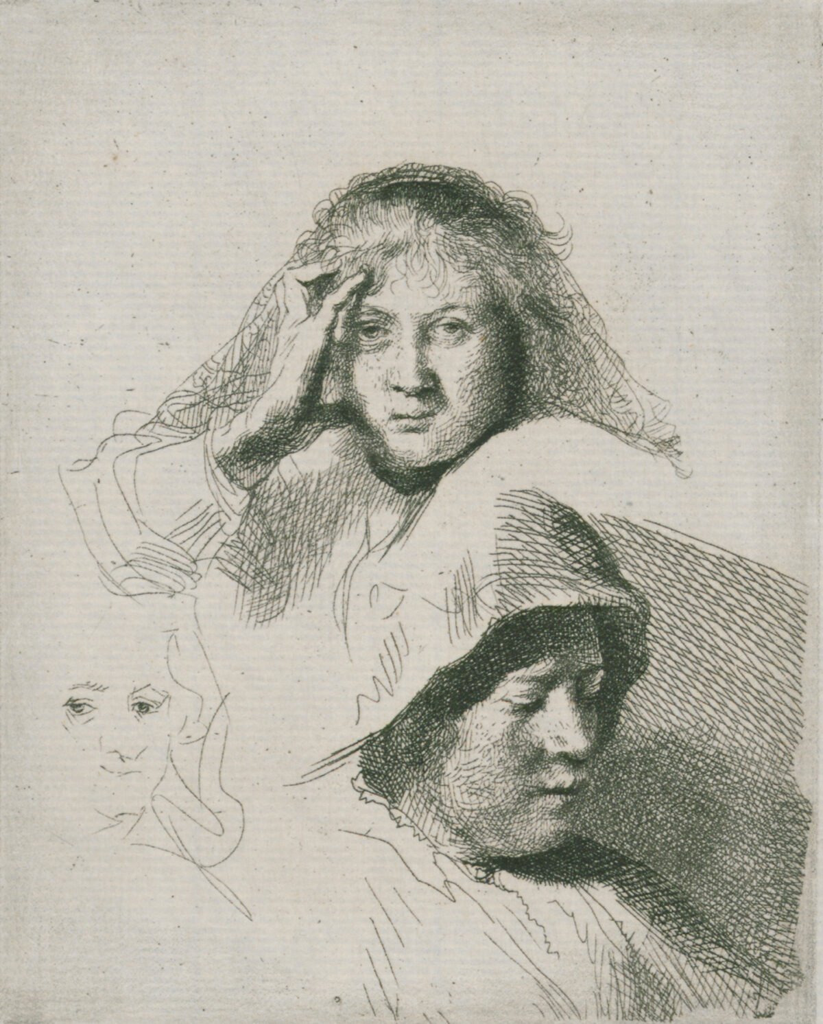 <span class="numbwork">0300</span > <span class="bullwork">•</span > Hoja de estudios (tres cabezas de mujeres, una ligeramente grabada)