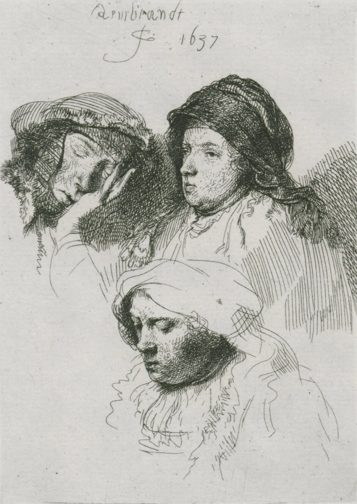<span class="numbwork">0301</span > <span class="bullwork">•</span > Hoja de estudios (tres cabezas de mujeres una de las cuales duerme)