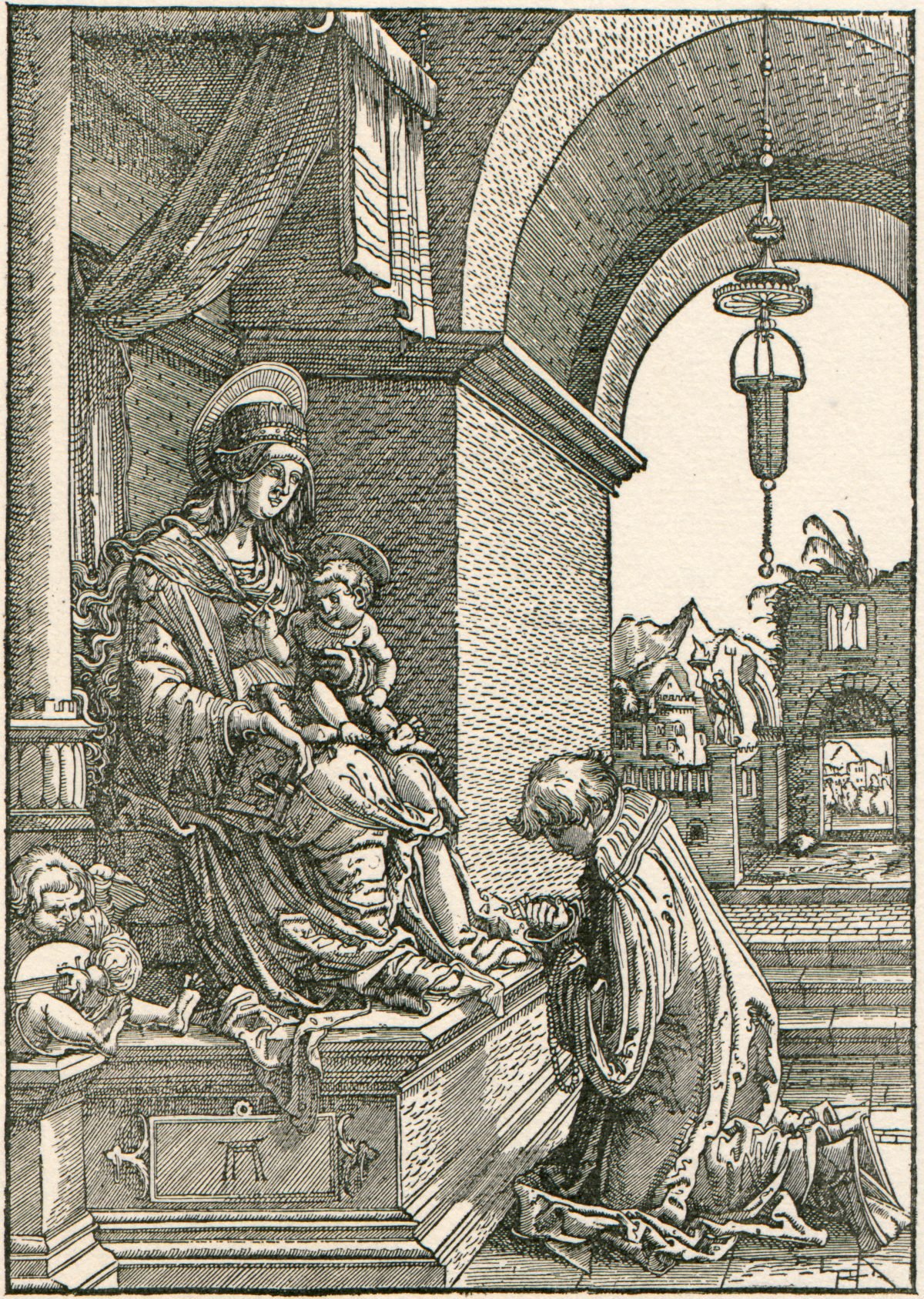 <span class="numbwork">0492</span > <span class="bullwork">•</span > Un clérigo arrodillado ante la Virgen y el niño Jesús