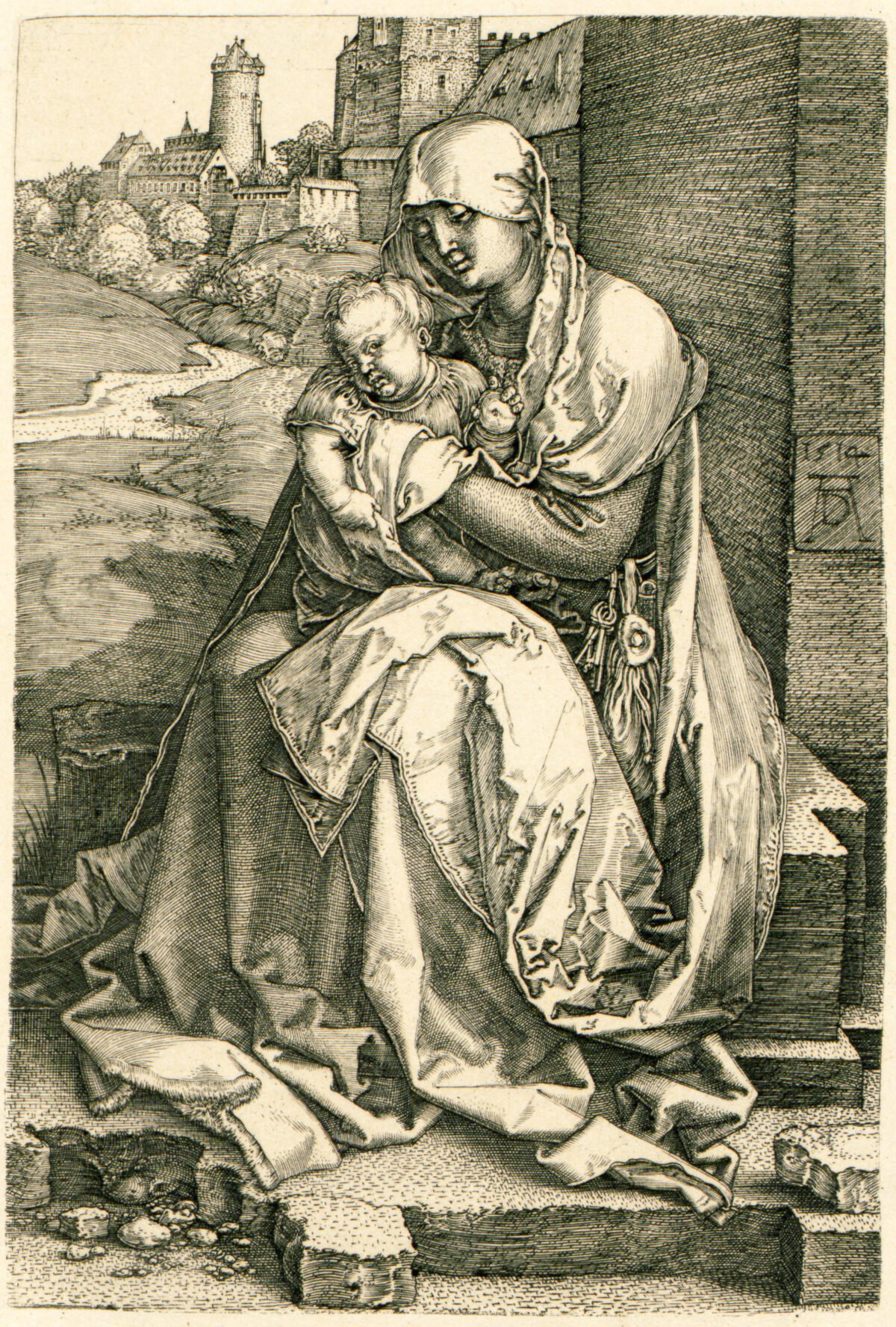 <span class="numbwork">0504</span > <span class="bullwork">•</span > La Virgen y el Niño sentados junto a un muro
