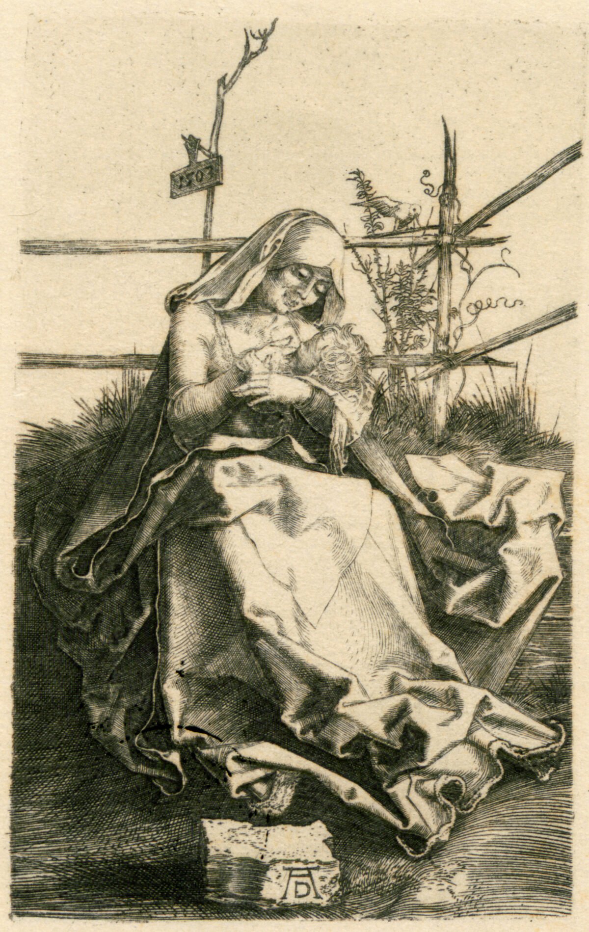 <span class="numbwork">0516</span > <span class="bullwork">•</span > La Virgen y el Niño sentados en un banco de hierba