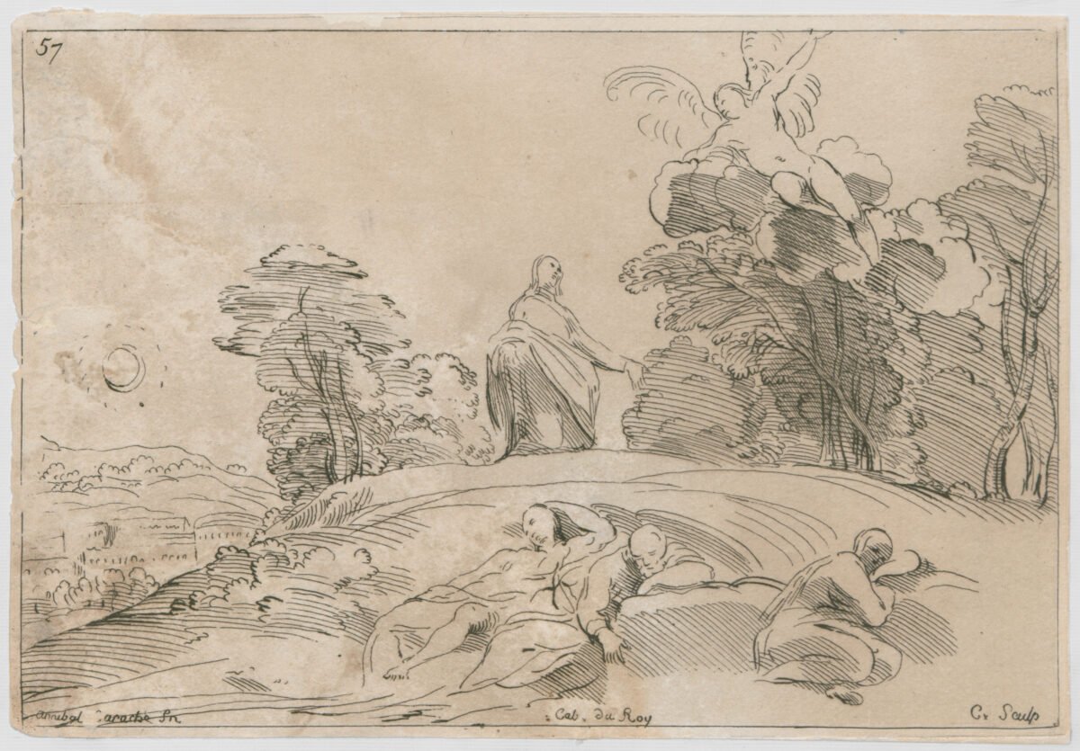 <span class="numbwork">0677</span > <span class="bullwork">•</span > Paisaje con 3 hombres dormidos y un ángel sobre un árbol