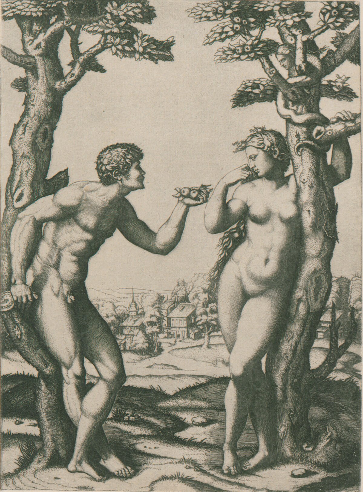 <span class="numbwork">0679</span > <span class="bullwork">•</span > Adán y Eva rodeados por dos árboles (un pueblo al fondo)