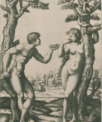 <span class="numbwork">0679</span > <span class="bullwork">•</span > Adán y Eva rodeados por dos árboles (un pueblo al fondo)