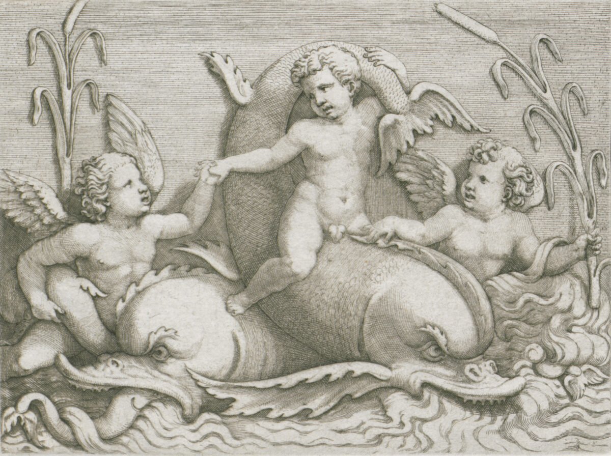 <span class="numbwork">0787</span > <span class="bullwork">•</span > Tres querubines con delfines