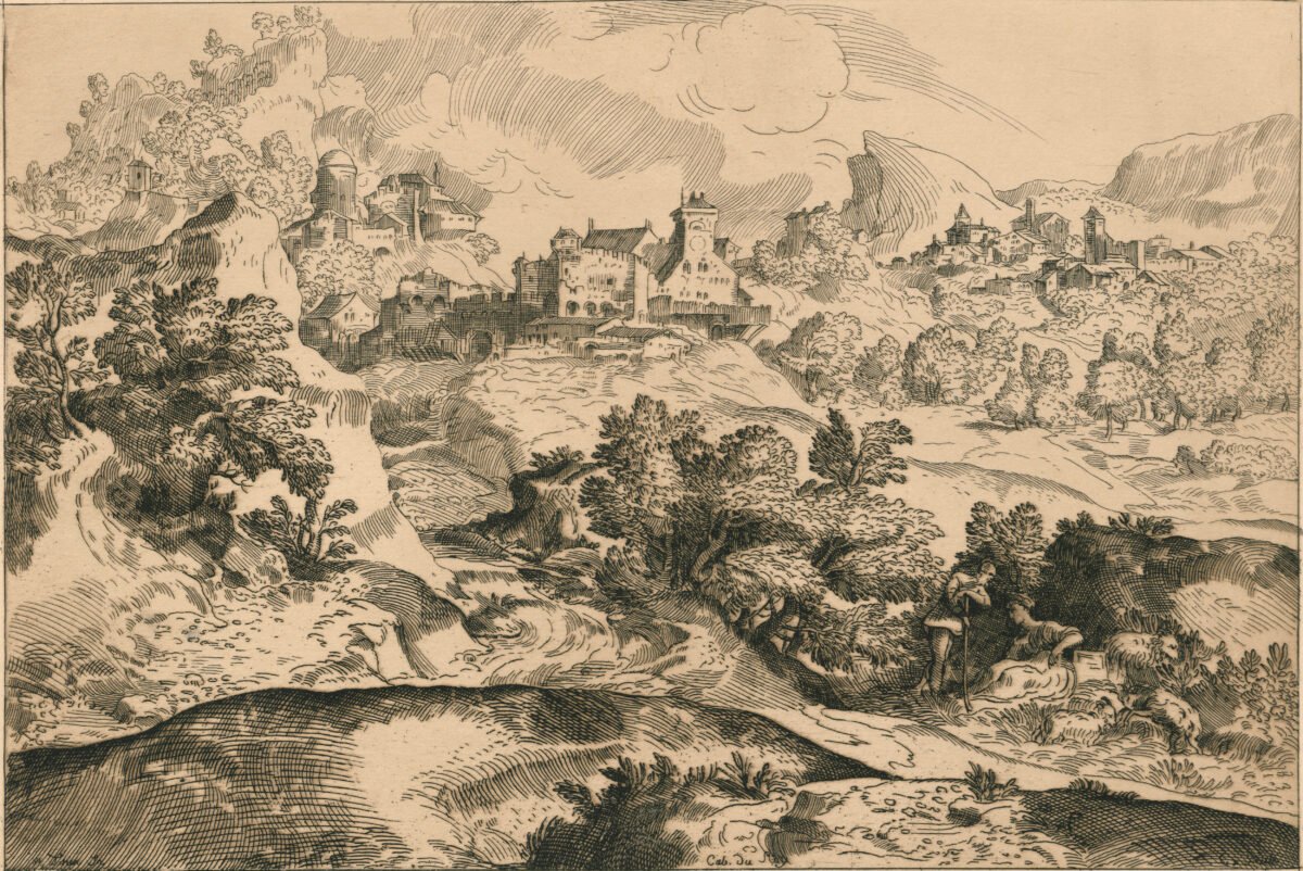<span class="numbwork">0830</span > <span class="bullwork">•</span > Paisaje de montaña con pastores y en el fondo dos pueblos