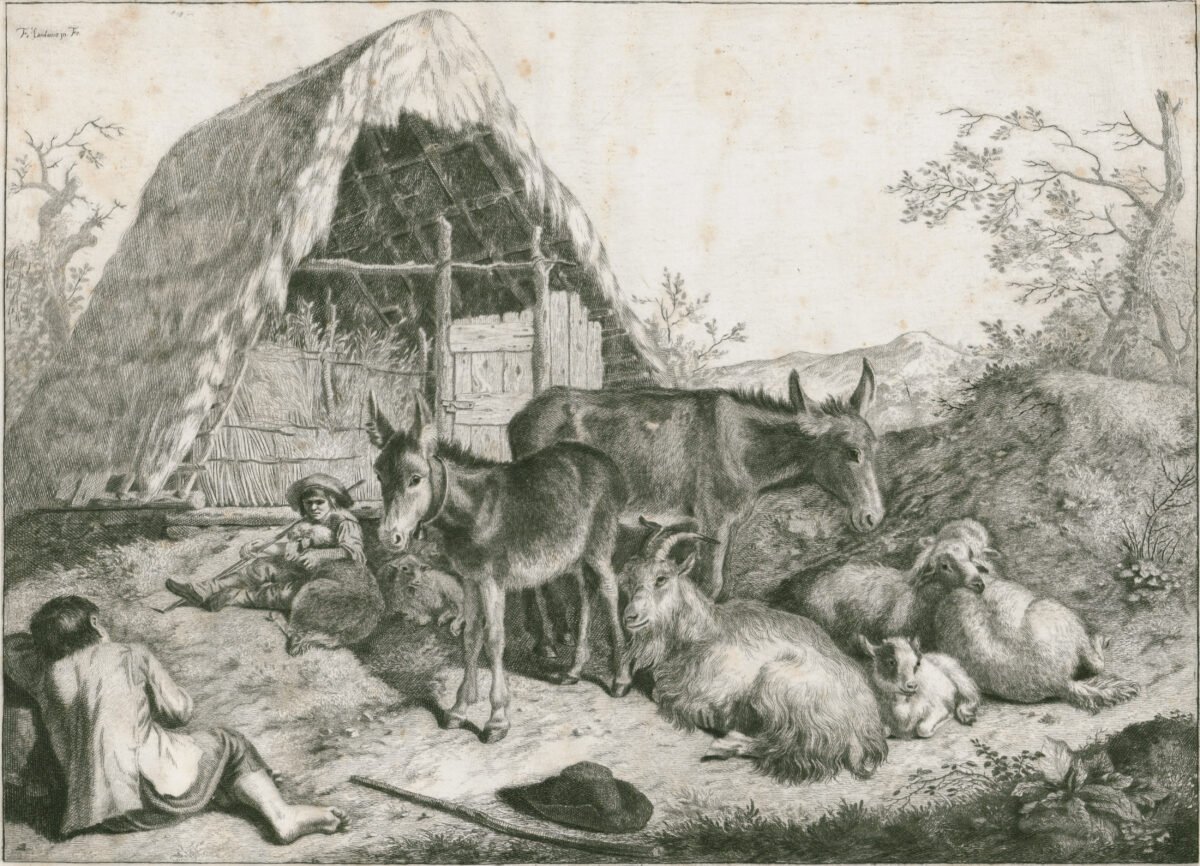 <span class="numbwork">0838</span > <span class="bullwork">•</span > Niños con un rebaño de ovejas, dos burros y una cabra.