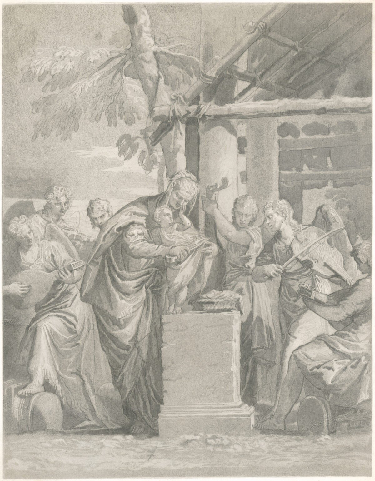 <span class="numbwork">0853</span > <span class="bullwork">•</span > La Virgen y el Niño rodeados de seis ángeles
