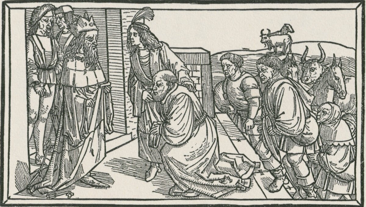 <span class="numbwork">0982</span > <span class="bullwork">•</span > José y Jacob de rodillas ante el Faraón